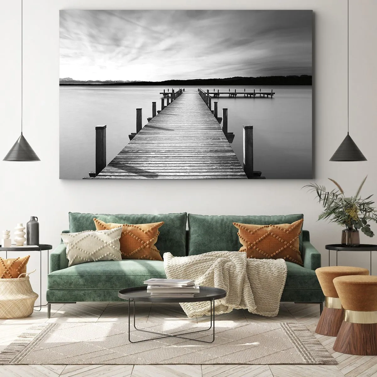 Cuadro sobre lienzo - Impresión de Imagen - Un embarcadero blanco y negro en un lago tranquilo. - 70x50cm - En el lago de la paz - Decoración de pared moderna para salón y dormitorio ARTTOR
