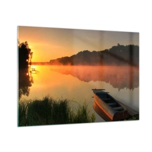 Cuadro sobre vidrio - Impresiones sobre Vidrio - Amanecer sobre un lago tranquilo con un barco en la orilla - 100x70cm - Amanecer sobre el agua como la superficie de un espejo - Decoración de pared moderna para salón y dormitorio ARTTOR