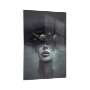 Cuadro sobre vidrio - Impresiones sobre Vidrio - Un rostro de mujer con un motivo de planeta y espacio en el fondo. - 70x100cm - Y los planetas sienten... - Decoración de pared moderna para salón y dormitorio ARTTOR