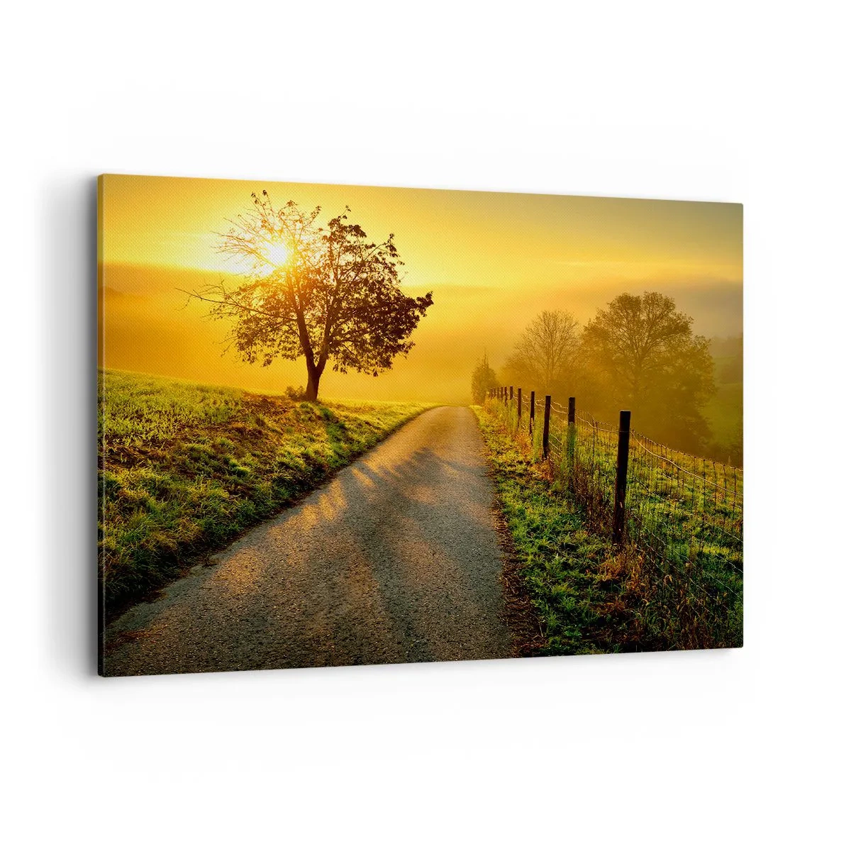 Cuadro sobre lienzo - Impresión de Imagen - Una pintoresca carretera al atardecer con un árbol solitario al fondo. - 100x70cm - Tarde melosa - Decoración de pared moderna para salón y dormitorio ARTTOR