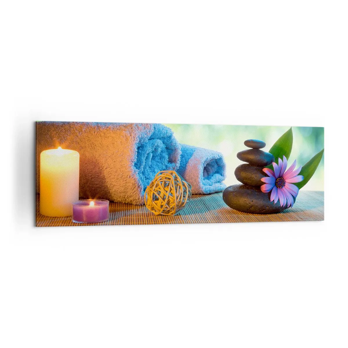 Cuadro sobre lienzo - Impresión de Imagen - Set de SPA relajante con toallas, velas y piedras - 160x50cm - Tiempo para el cuerpo - Decoración de pared moderna para salón y dormitorio ARTTOR
