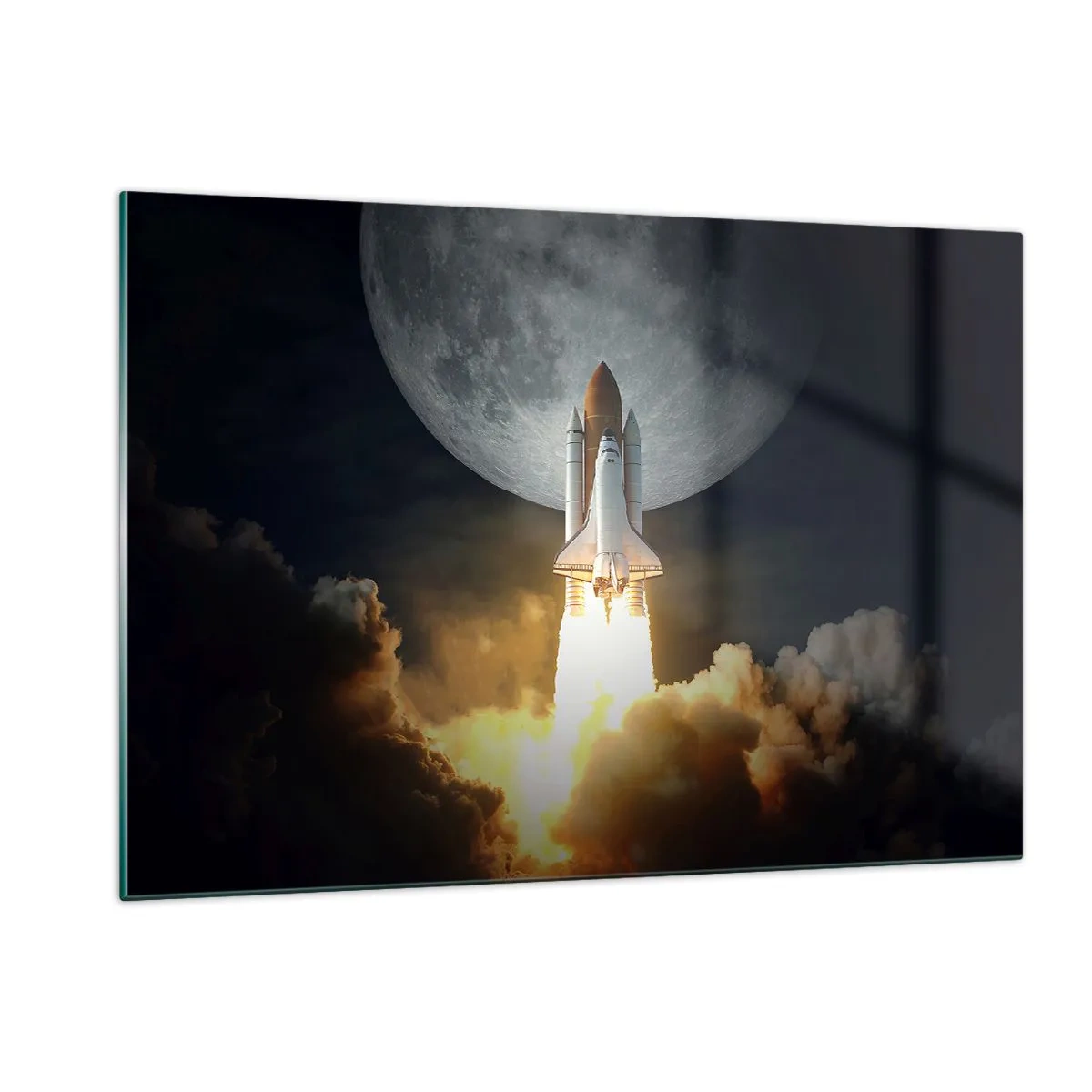 Cuadro sobre vidrio - Impresiones sobre Vidrio - Un lanzamiento de un cohete espacial con la luna y el cielo nocturno como telón de fondo. - 120x80cm - El comienzo de una aventura sobrenatural - Decoración de pared moderna para salón y dormitorio ARTTOR