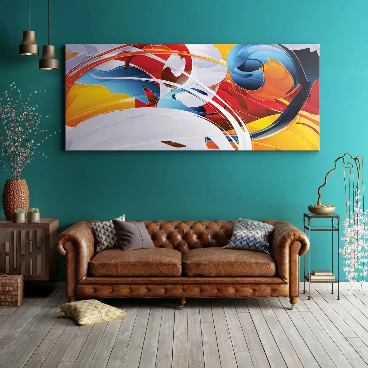 Cuadro sobre lienzo - Impresión de Imagen - Abstracción colorida con líneas dinámicas y colores vivos. - 120x50cm - Danza de los elementos - Decoración de pared moderna para salón y dormitorio ARTTOR