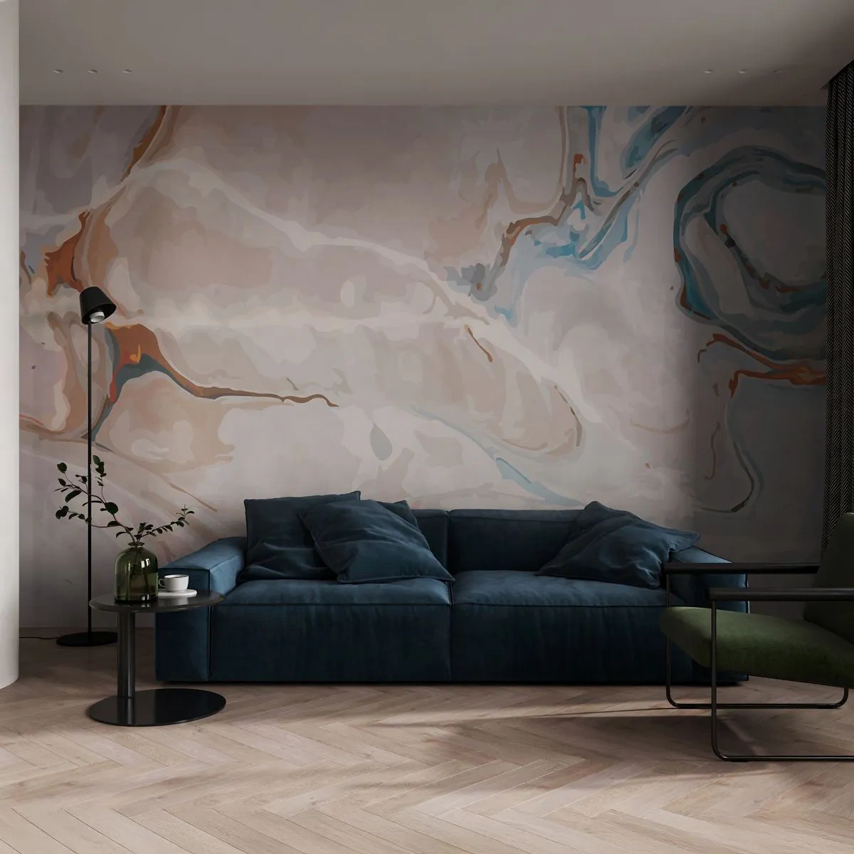 Fotomural Premium Sand - Textura de mármol abstracta en tonos claros. - 100x70cm - El azul serpentea por el blanco - Decoración de pared moderna para salón y dormitorio ARTTOR