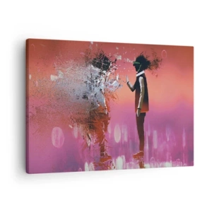 Cuadro sobre lienzo - Impresión de Imagen - Una escena abstracta con una figura futurista y elementos dispersos. - 70x50cm - ¿Es posible mirar dentro de uno mismo? - Decoración de pared moderna para salón y dormitorio ARTTOR