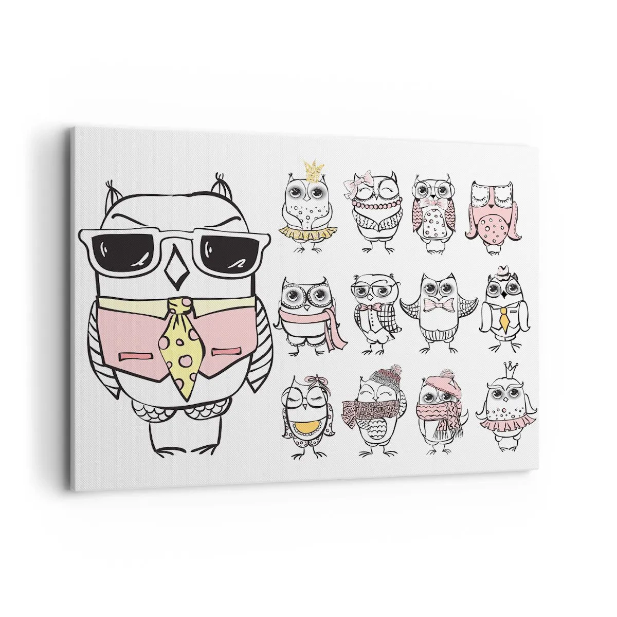 Cuadro sobre lienzo - Impresión de Imagen - Búhos en diferentes estilos y ropas. - 100x70cm - Tantos papeles que desempeñar - Decoración de pared moderna para salón y dormitorio ARTTOR