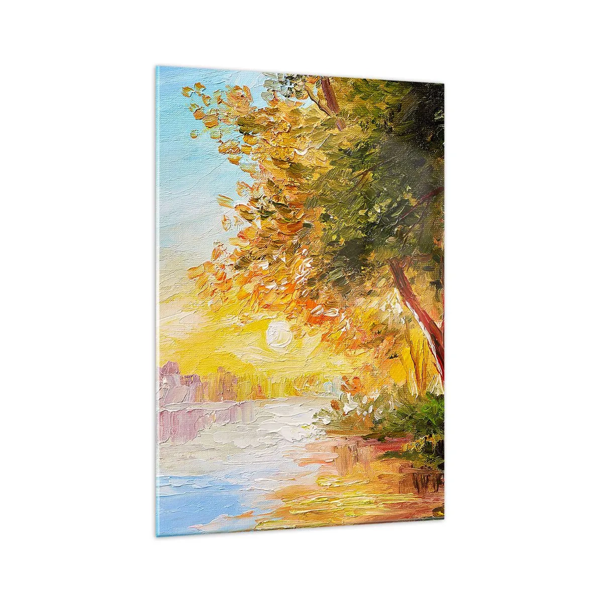 Cuadro sobre vidrio - Impresiones sobre Vidrio - Un paisaje pintoresco con un río y árboles al atardecer. - 70x100cm - Ensueño - Decoración de pared moderna para salón y dormitorio ARTTOR