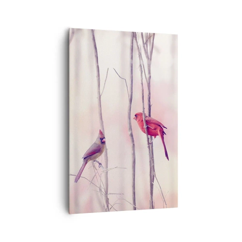 Cuadro sobre lienzo - Impresión de Imagen - Una pareja de cardenales posados en las ramas en un paisaje pastel. - 80x120cm - Historia de un bosque rosa - Decoración de pared moderna para salón y dormitorio ARTTOR