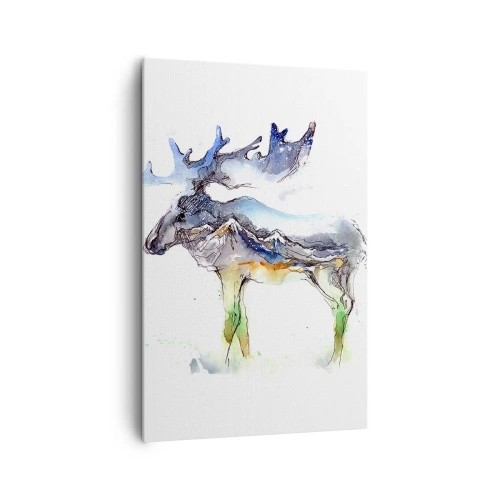 Cuadro sobre lienzo - Impresión de Imagen - Silueta de acuarela de un alce con un paisaje montañoso. - 80x120cm - El héroe de un cuento de invierno - Decoración de pared moderna para salón y dormitorio ARTTOR