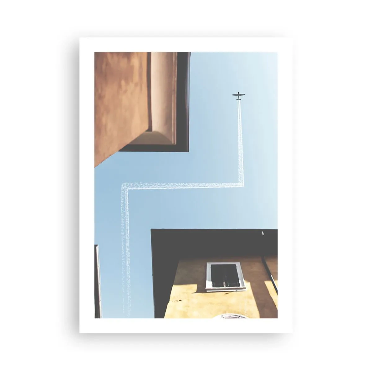 Póster - Perspectiva de edificios con un avión y una trayectoria inusual en el cielo. - 50x70cm - Por encima del laberinto urbano - Decoración de pared moderna para salón y dormitorio ARTTOR