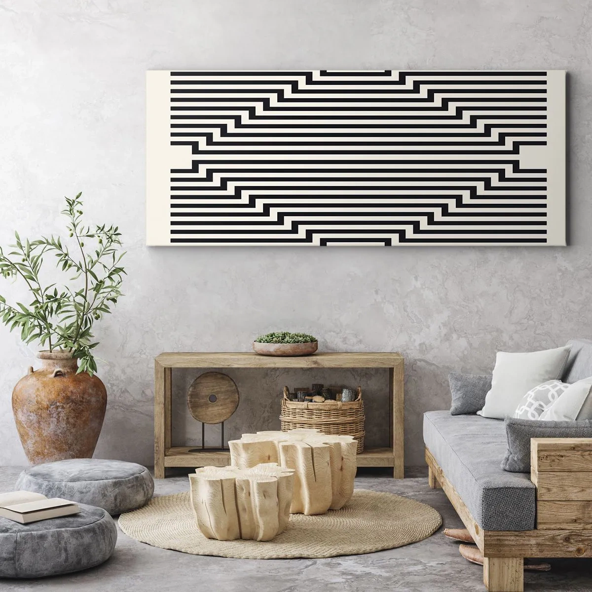Cuadro sobre lienzo - Impresión de Imagen - Líneas blancas y negras que crean un efecto de ilusión geométrica. - 160x50cm - Ilusión geométrica - Decoración de pared moderna para salón y dormitorio ARTTOR