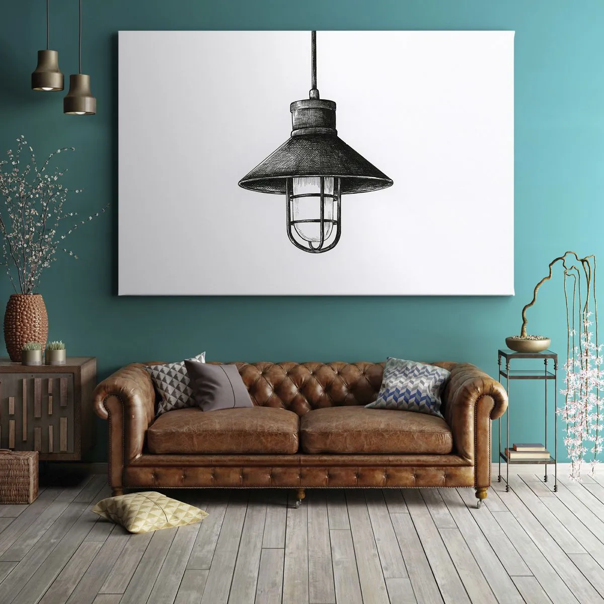 Cuadro sobre lienzo - Impresión de Imagen - Dibujo de una lámpara colgante retro sobre fondo blanco. - 70x50cm - Como hace años... - Decoración de pared moderna para salón y dormitorio ARTTOR