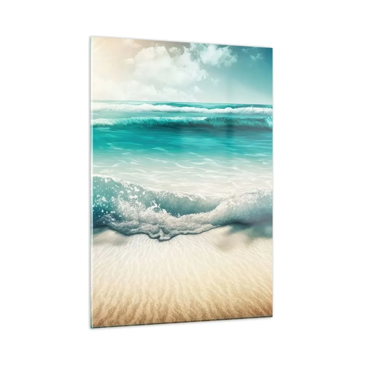 Cuadro sobre vidrio - Impresiones sobre Vidrio - Olas turquesas del océano golpeando una playa de arena - 50x70cm - Calma oceánica - Decoración de pared moderna para salón y dormitorio ARTTOR