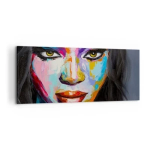Cuadro sobre lienzo - Impresión de Imagen - Un retrato colorido de una mujer con una mirada intensa. - 120x50cm - Mirada penetrante - Decoración de pared moderna para salón y dormitorio ARTTOR