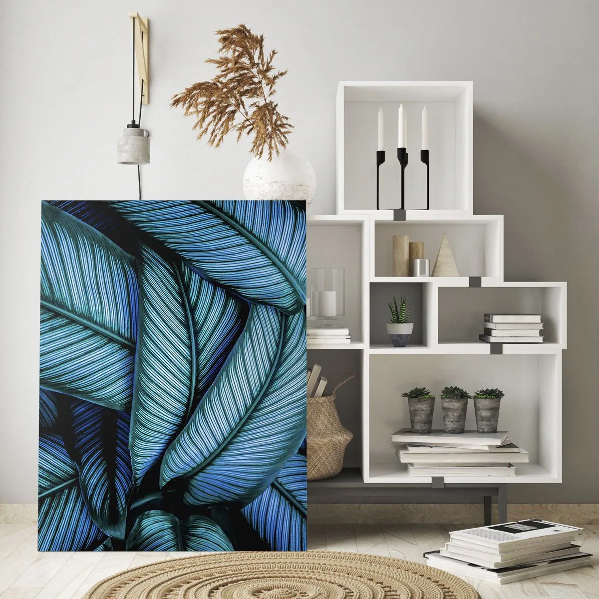 Cuadro sobre vidrio - Impresiones sobre Vidrio - Un primer plano de hojas turquesas con una textura intensa. - 50x70cm - Líneas de vida - Decoración de pared moderna para salón y dormitorio ARTTOR