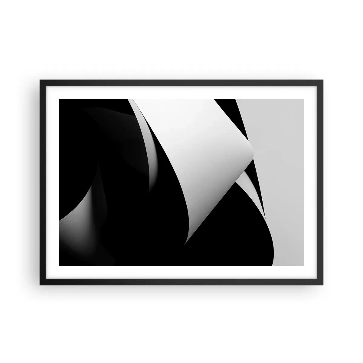 Póster en marco negro - Formas abstractas en blanco y negro con contrastes llamativos. - 70x50cm - Planos de luz desde las profundidades de la sombra - Decoración de pared moderna para salón y dormitorio ARTTOR