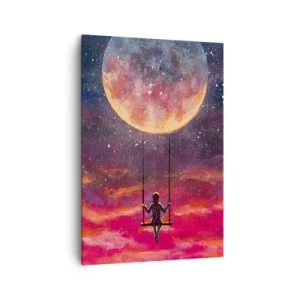 Cuadro sobre lienzo - Impresión de Imagen - Una figura en un columpio suspendido contra la luna. - 70x100cm - Disfrutar de las nubes - Decoración de pared moderna para salón y dormitorio ARTTOR