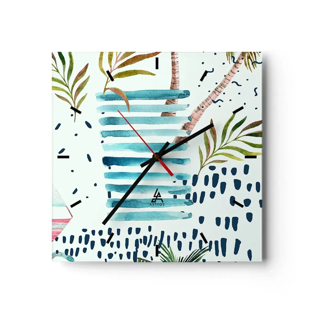 Reloj de pared - Reloj de vidrio - Patrón abstracto con palmeras y acentos náuticos. - 30x30cm - Vacaciones bajo las palmeras - Decoración de pared moderna para salón y dormitorio ARTTOR