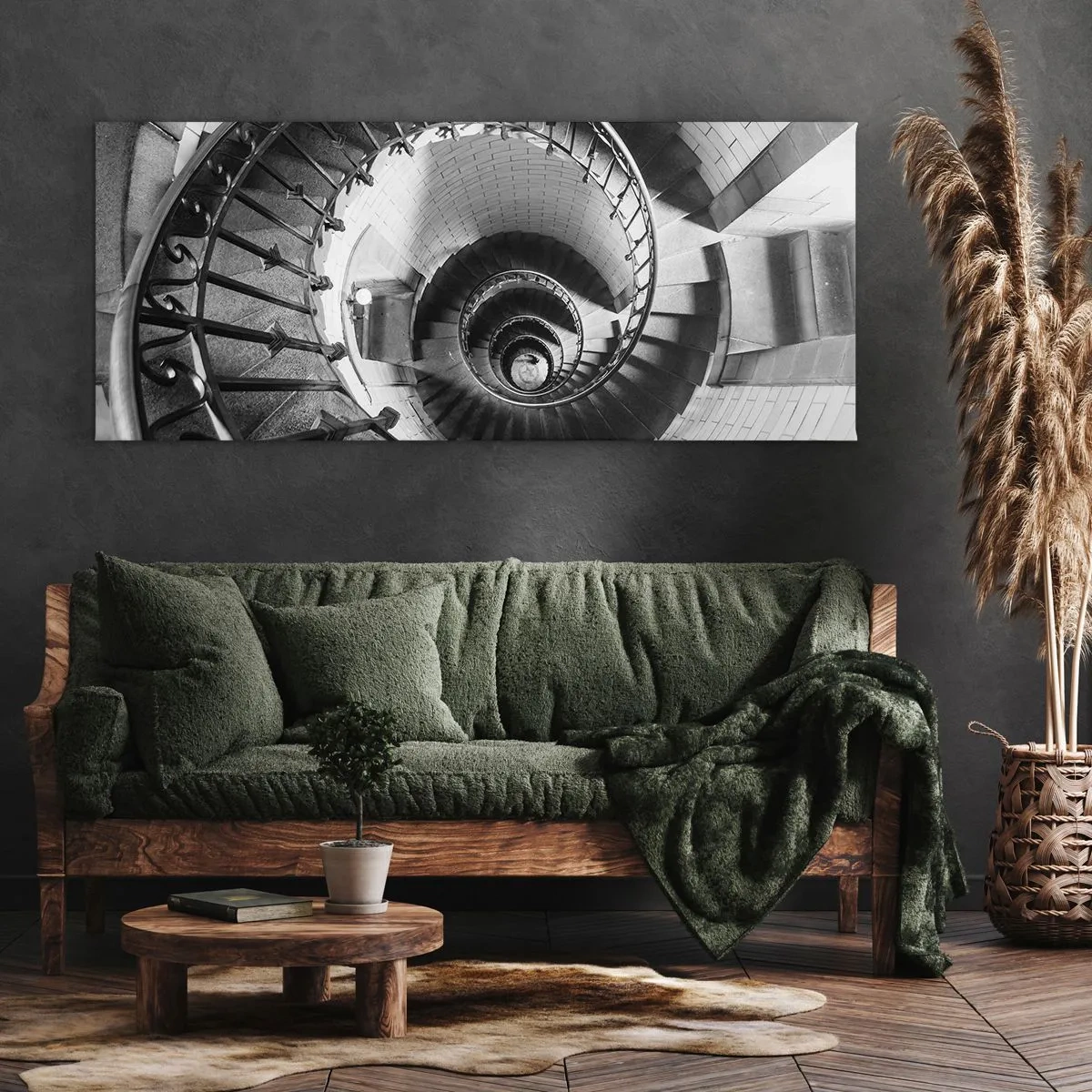 Cuadro sobre lienzo - Impresión de Imagen - Fotografía en blanco y negro de una escalera de caracol con perspectiva de arriba hacia abajo. - 140x50cm - Cada vez más alto - Decoración de pared moderna para salón y dormitorio ARTTOR