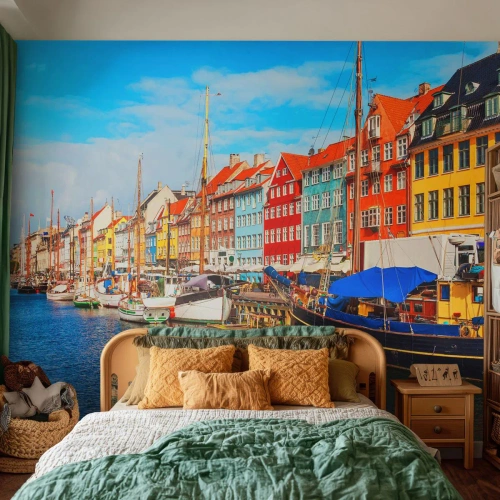 Fotomural Autadhesivo Deluxe Sticker - Muelle alegre - Copenhague, Pueblo Viejo, Arquitectura - 500x350 cm