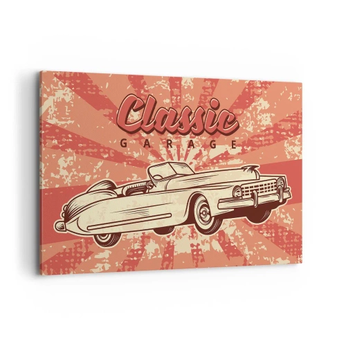 Cuadro sobre lienzo - Impresión de Imagen - Póster retro con un coche clásico y las palabras Classic Garage - 120x80cm - Y Elvis en la radio - Decoración de pared moderna para salón y dormitorio ARTTOR
