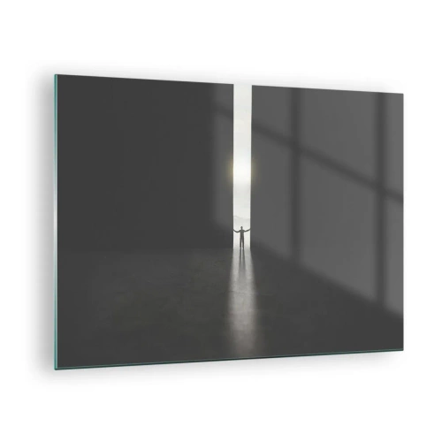 Cuadro sobre vidrio - Impresiones sobre Vidrio - Silueta de un hombre abriendo una puerta a una luz brillante. - 70x50cm - Un paso hacia un futuro brillante - Decoración de pared moderna para salón y dormitorio ARTTOR