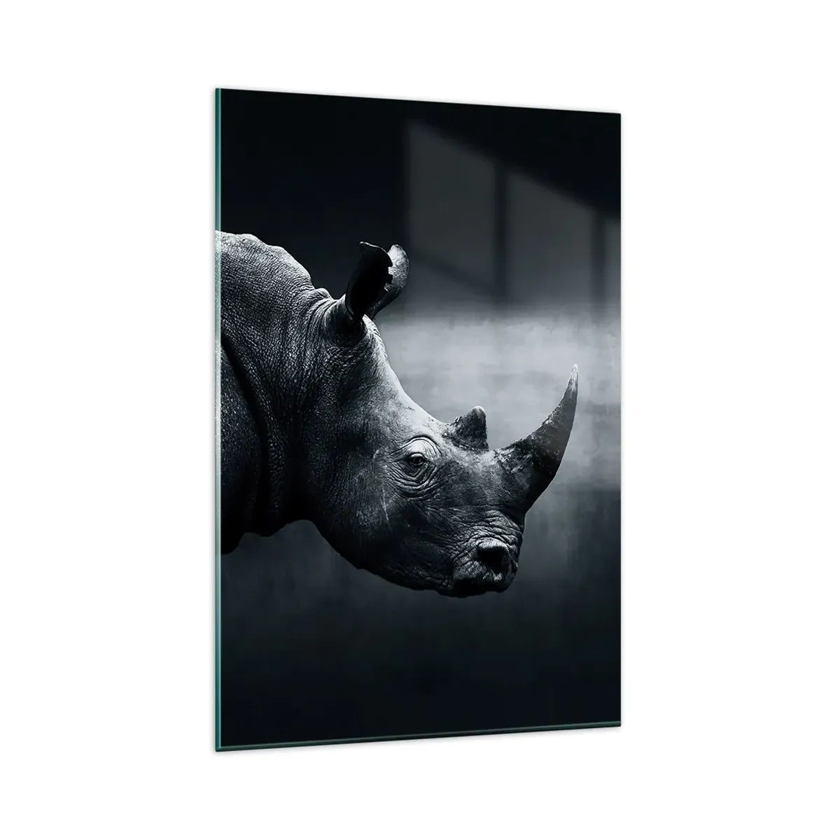 Cuadro sobre vidrio - Impresiones sobre Vidrio - Retrato en blanco y negro de un rinoceronte sobre un fondo oscuro. - 80x120cm - Perfil derecho - Decoración de pared moderna para salón y dormitorio ARTTOR