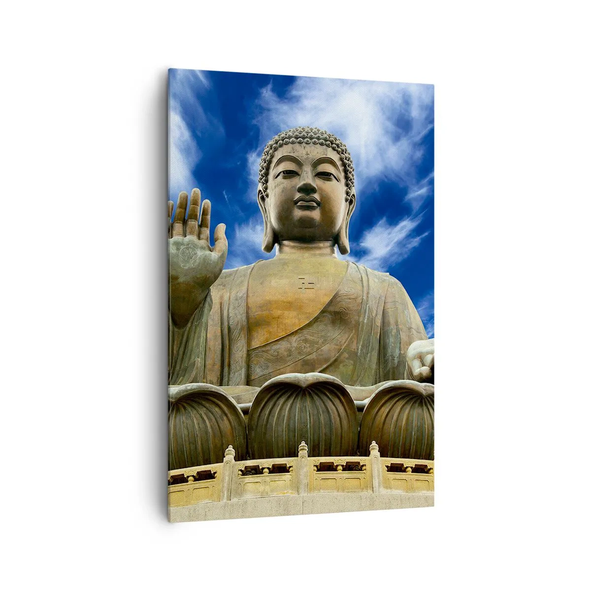 Cuadro sobre lienzo - Impresión de Imagen - Una estatua monumental de Buda contra un cielo azul con nubes. - 80x120cm - Vivir sin miedo - Decoración de pared moderna para salón y dormitorio ARTTOR