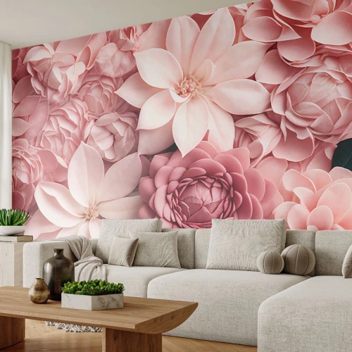 Fotomural Premium Sand - Flores en tonos rosa en una composición decorativa. - 100x70cm - Entre pétalos rosas - Decoración de pared moderna para salón y dormitorio ARTTOR