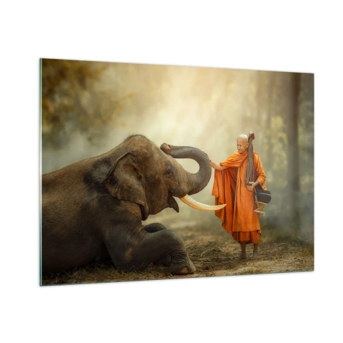 Cuadro sobre vidrio - Impresiones sobre Vidrio - Un monje con túnicas naranjas con un elefante en un entorno natural. - 100x70cm - Un encuentro en un viaje - Decoración de pared moderna para salón y dormitorio ARTTOR