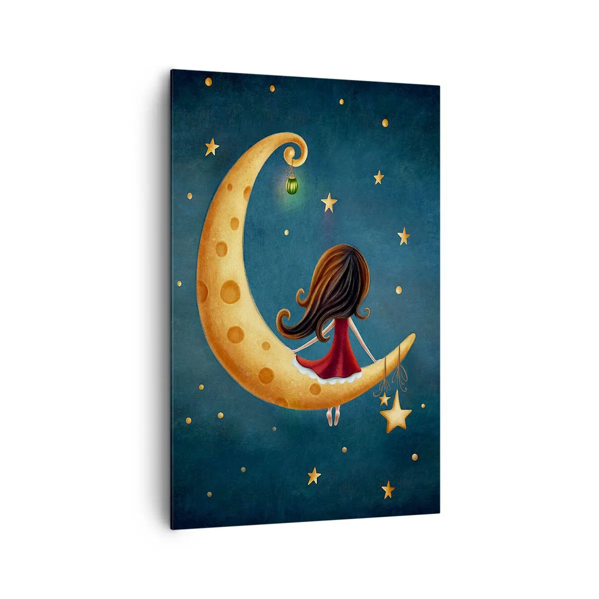 Cuadro sobre lienzo - Impresión de Imagen - Una niña en la luna rodeada de estrellas. - 80x120cm - Érase una vez... - Decoración de pared moderna para salón y dormitorio ARTTOR
