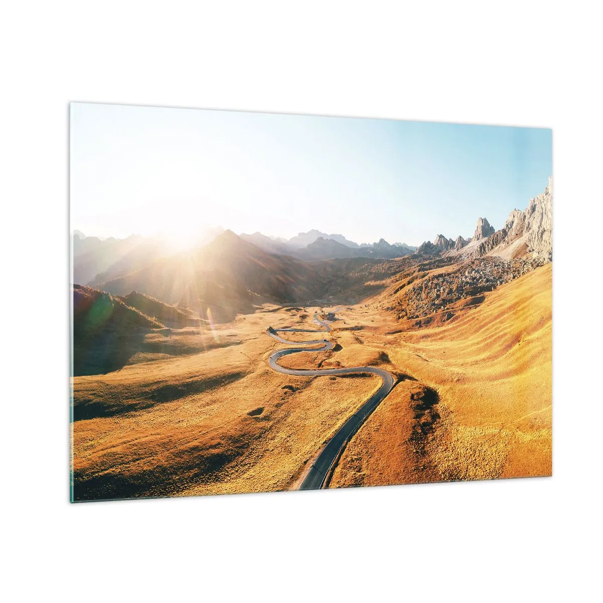 Cuadro sobre vidrio - Impresiones sobre Vidrio - Un camino sinuoso en un valle dorado iluminado por el sol. - 100x70cm - En un valle dorado - Decoración de pared moderna para salón y dormitorio ARTTOR