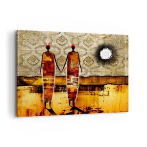 Cuadro sobre lienzo - Impresión de Imagen - Un par de figuras abstractas sobre un fondo de patrones dorados y un paisaje. - 120x80cm - Composición étnica en colores africanos - Decoración de pared moderna para salón y dormitorio ARTTOR