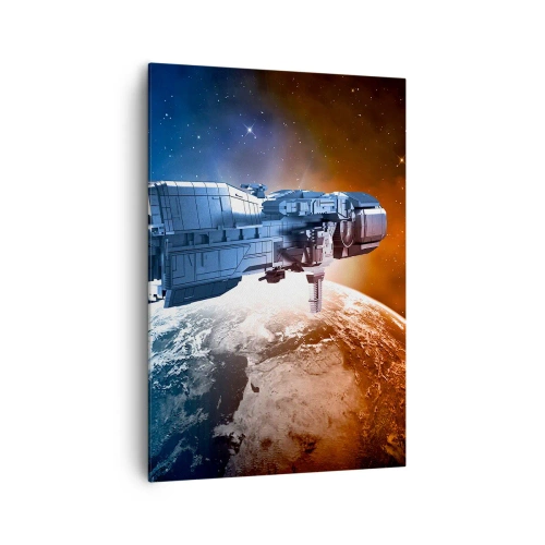 Cuadro sobre lienzo - Impresión de Imagen - Una nave espacial con un planeta en el espacio como telón de fondo. - 70x100cm - Un observador atento - Decoración de pared moderna para salón y dormitorio ARTTOR