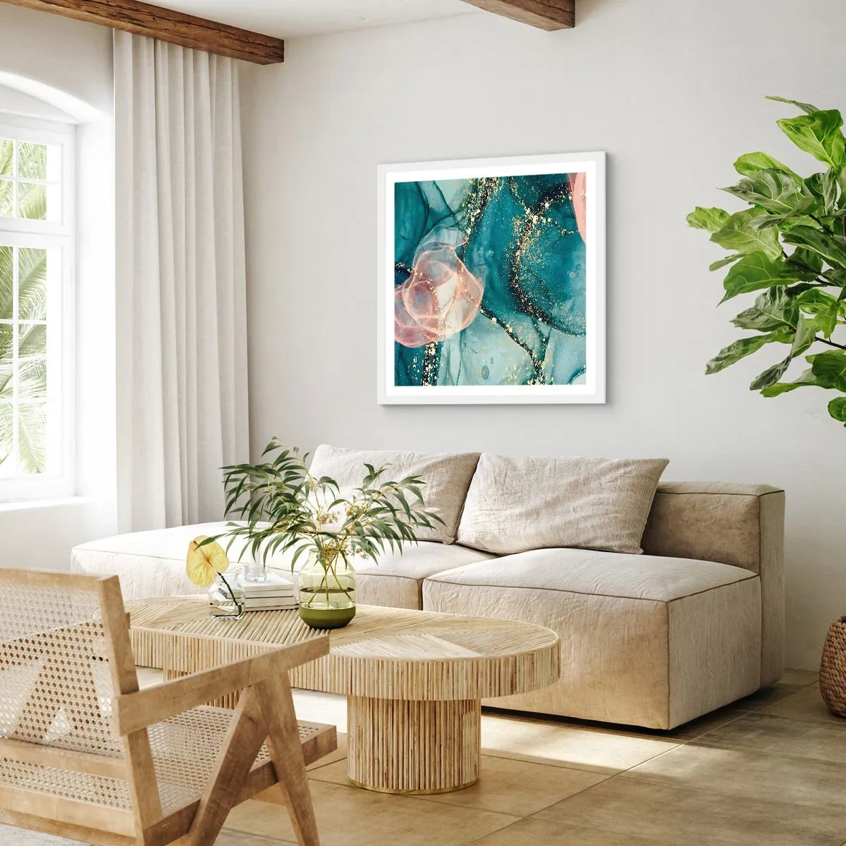 Póster en marco blanco - Seda azul, tul rosa - 40x40 cm