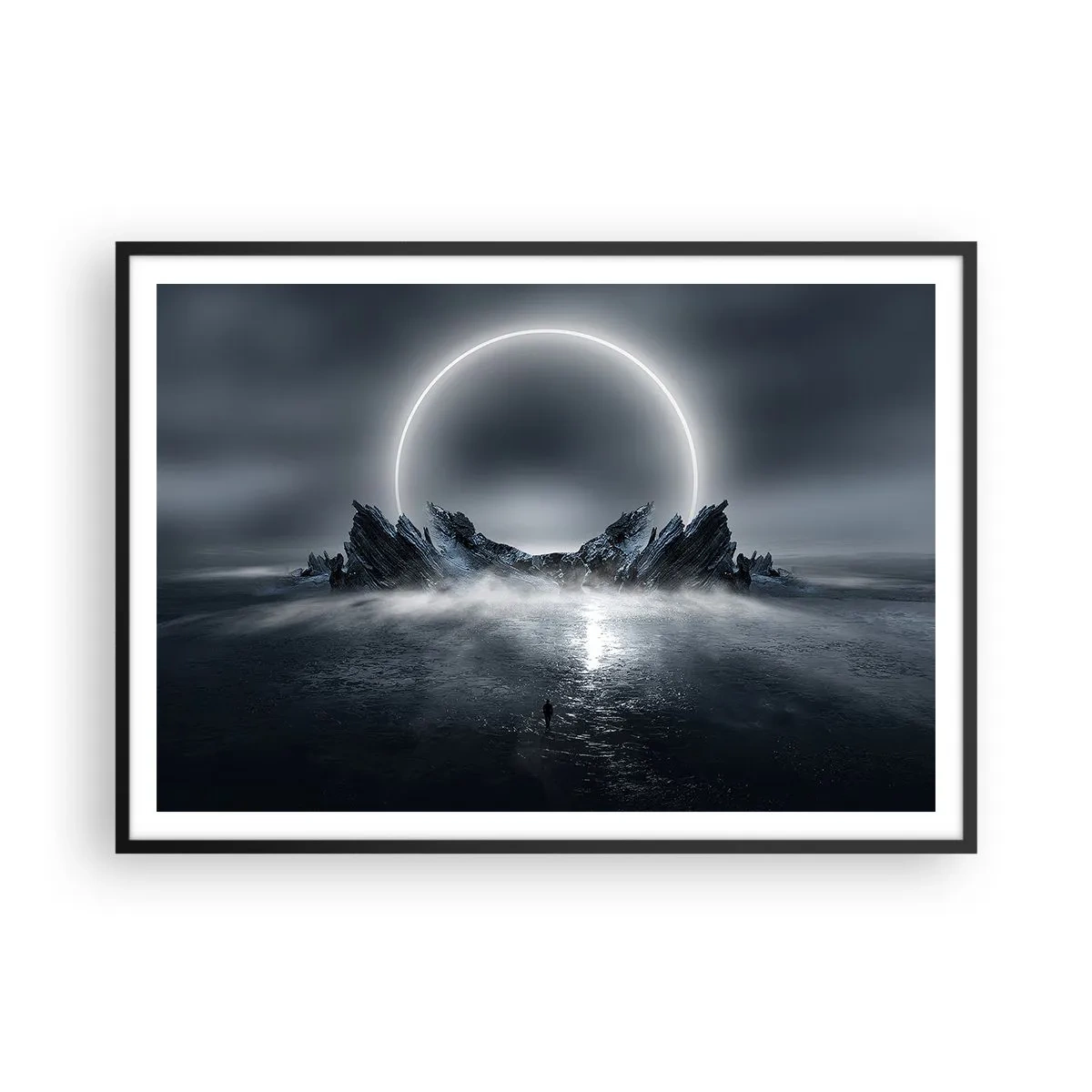 Póster en marco negro - Paisaje misterioso con un anillo de luz sobre las montañas. - 100x70cm - El final del cuento - Decoración de pared moderna para salón y dormitorio ARTTOR