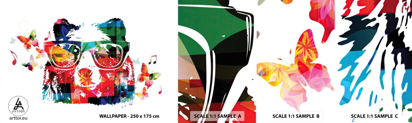 Muestra de fotomural autoadhesivo Deluxe Sticker - ¡Me encanta! - Abstracción, Oso, Anteojos - 100x30 cm