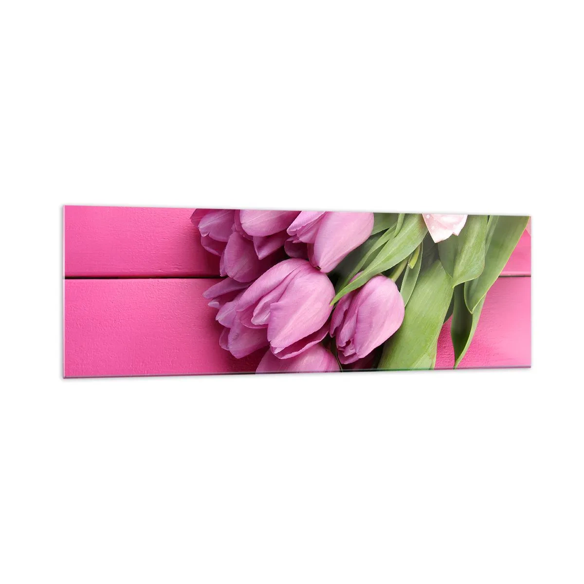 Cuadro sobre vidrio - Impresiones sobre Vidrio - Un ramo de tulipanes rosas con un lazo sobre un fondo rosa. - 160x50cm - Solo para ti - Decoración de pared moderna para salón y dormitorio ARTTOR