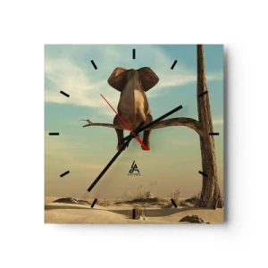 Reloj de pared - Reloj de vidrio - Un elefante sentado en una rama con vistas a un paisaje desértico. - 30x30cm - Un nuevo punto de vista - Decoración de pared moderna para salón y dormitorio ARTTOR