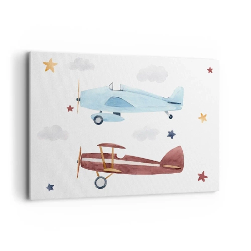 Cuadro sobre lienzo - Impresión de Imagen - Aviones pintados a mano sobre un fondo de nubes y estrellas. - 100x70cm - ¡Piloto, estamos esperando! - Decoración de pared moderna para salón y dormitorio ARTTOR