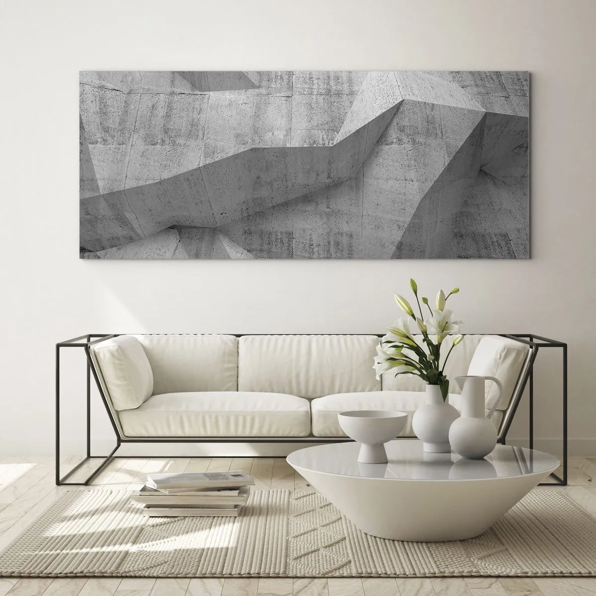 Cuadro sobre vidrio - Impresiones sobre Vidrio - Formas geométricas de hormigón en gris - 160x50cm - Un verdadero desafío - Decoración de pared moderna para salón y dormitorio ARTTOR