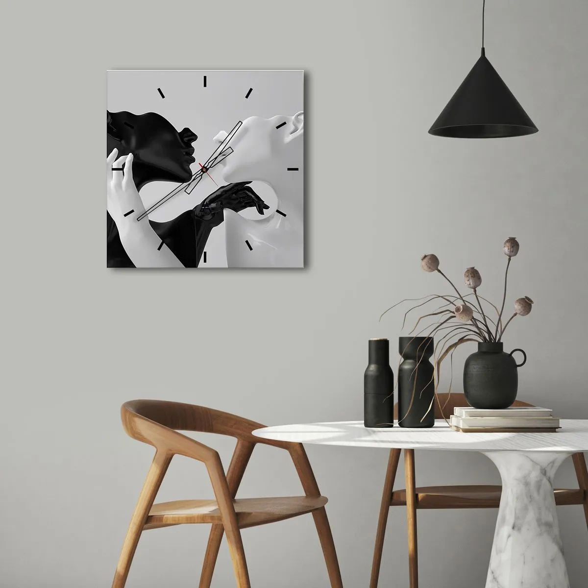 Reloj de pared - Reloj de vidrio - Siluetas en blanco y negro en primer plano dinámico - 30x30cm - Atracción - deseo - Decoración de pared moderna para salón y dormitorio ARTTOR