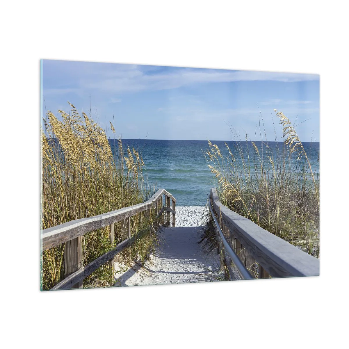 Cuadro sobre vidrio - Impresiones sobre Vidrio - Camino a la playa con vistas al mar - 100x70cm - En el sol, en el viento - Decoración de pared moderna para salón y dormitorio ARTTOR