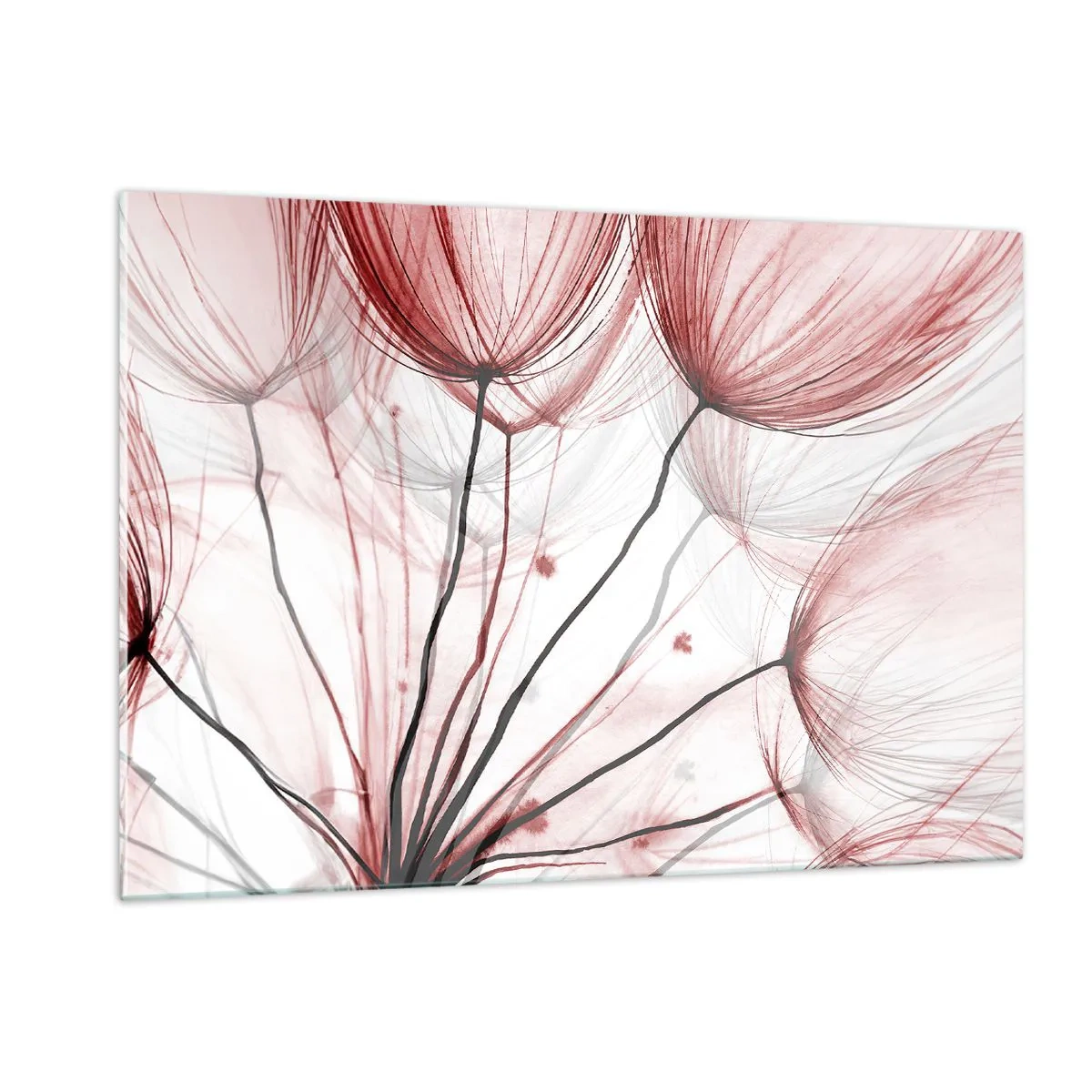 Cuadro sobre vidrio - Impresiones sobre Vidrio - Dientes de león sutiles en tonos rosa y negro. - 120x80cm - Antes de partir - Decoración de pared moderna para salón y dormitorio ARTTOR