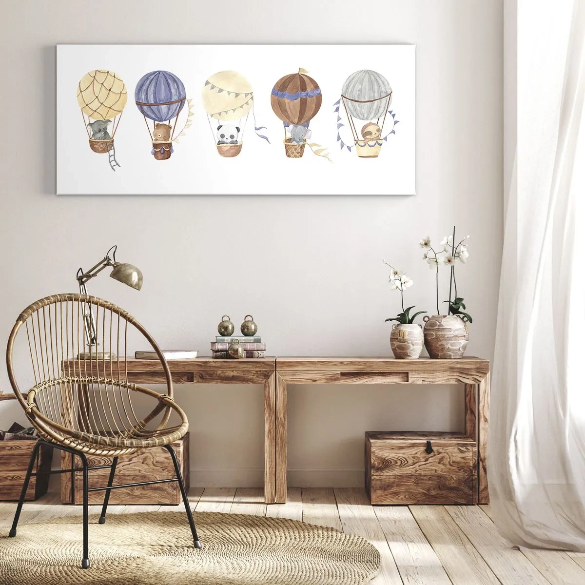 Cuadro sobre lienzo - Impresión de Imagen - Lindos animales en globos sobre un fondo blanco. - 140x50cm - Amigos de viaje - Decoración de pared moderna para salón y dormitorio ARTTOR