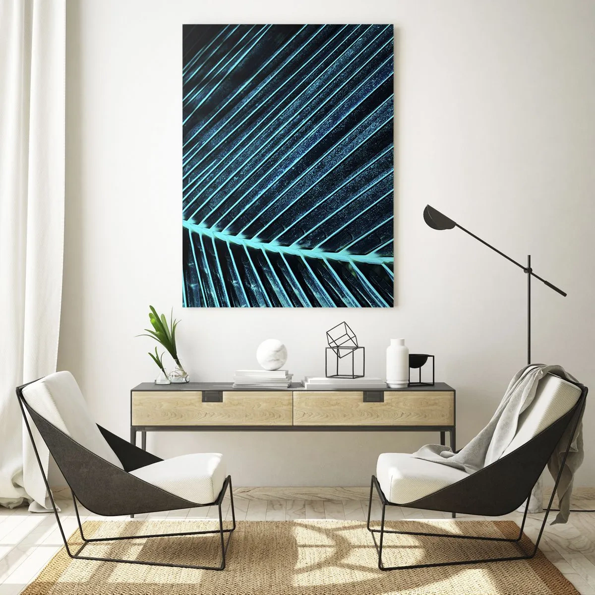 Cuadro sobre vidrio - Impresiones sobre Vidrio - Fotografía macro de una hoja de palma en tonos turquesa. - 50x70cm - La textura del verde - Decoración de pared moderna para salón y dormitorio ARTTOR