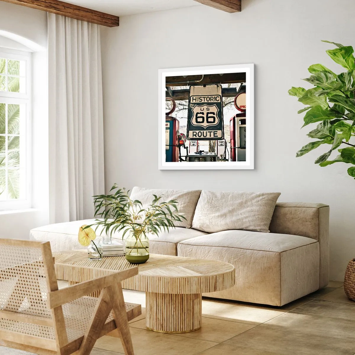 Póster en marco blanco - Un viaje retro americano - 60x60 cm