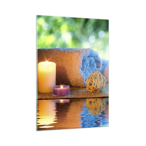 Cuadro sobre vidrio - Impresiones sobre Vidrio - Spa con toallas, velas y piedras con un fondo natural. - 50x70cm - Tiempo para el cuerpo - Decoración de pared moderna para salón y dormitorio ARTTOR