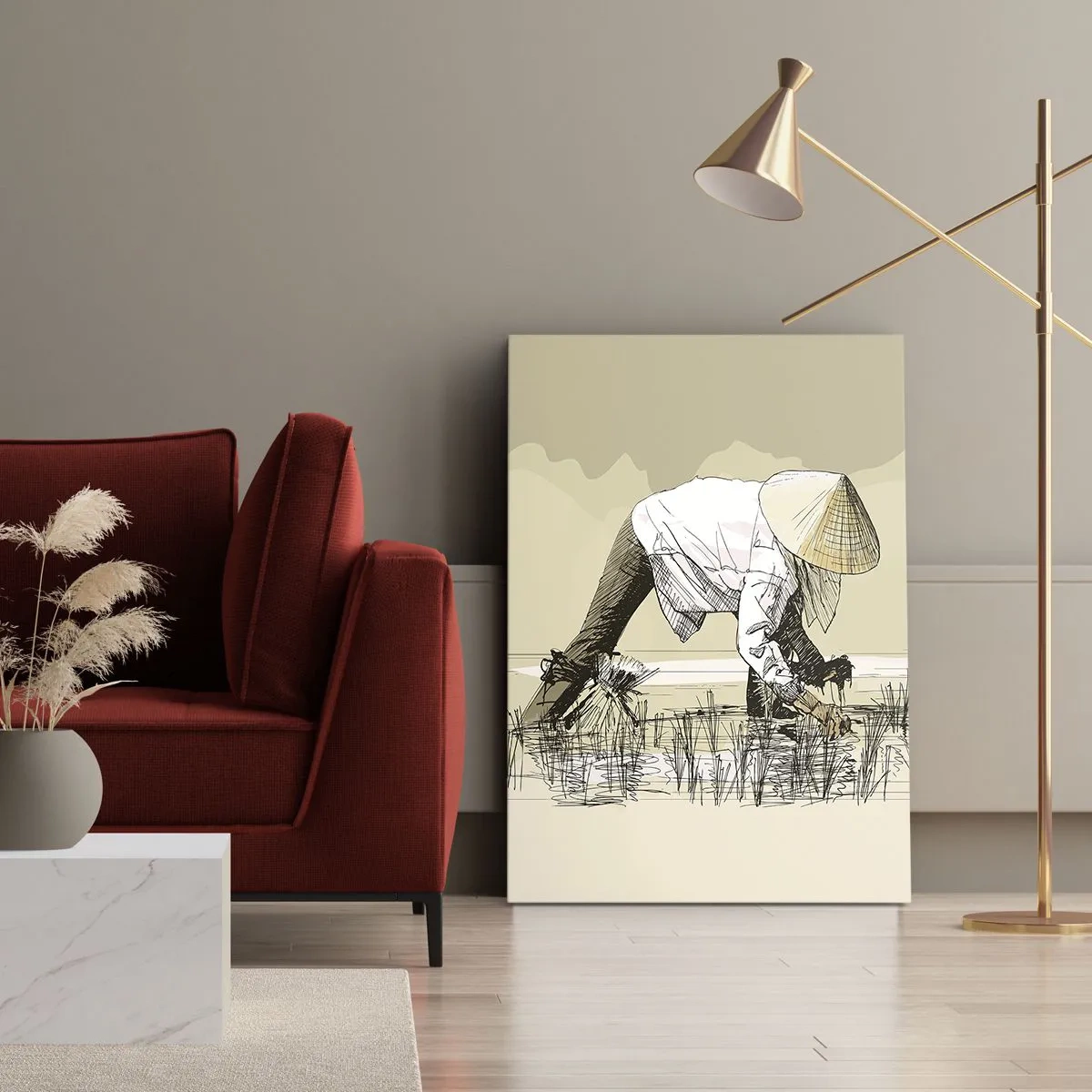 Cuadro sobre lienzo - Impresión de Imagen - Agricultores trabajando en un campo de arroz con sombreros tradicionales - 70x100cm - De una cosecha exitosa - Decoración de pared moderna para salón y dormitorio ARTTOR