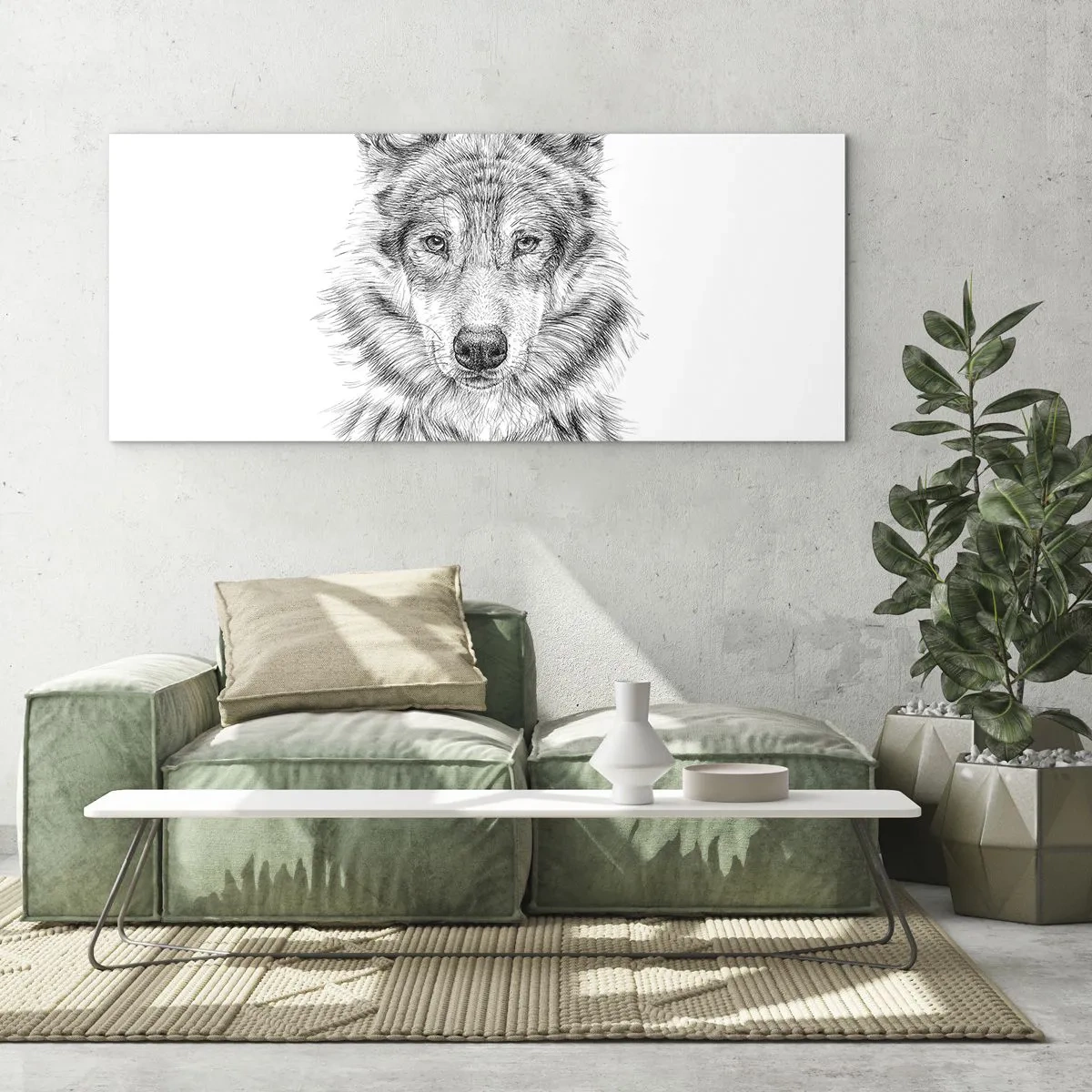 Cuadro sobre vidrio - Impresiones sobre Vidrio - Boceto de una cabeza de lobo en estilo monocromático sobre fondo blanco. - 160x50cm - Un líder nato - Decoración de pared moderna para salón y dormitorio ARTTOR